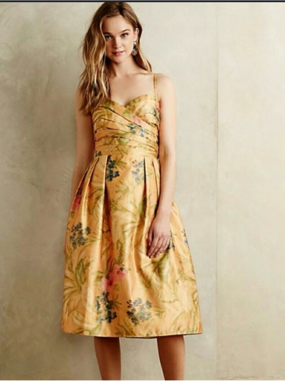 Anthropologie James Coviello Satin Fit-and-Flare Midi Dress in Golden Yellow